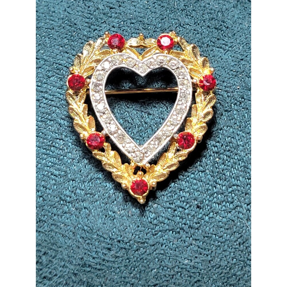 JJ Signed  Sparkly Heart Brooch/Pin Clear White&Red RHINESTONES